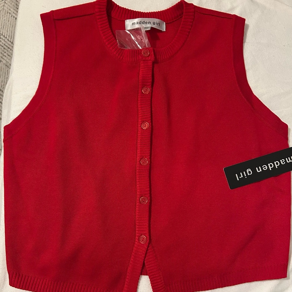 Madden Girl Bold Red Sleeveless  Button-Up Cardigan Vest